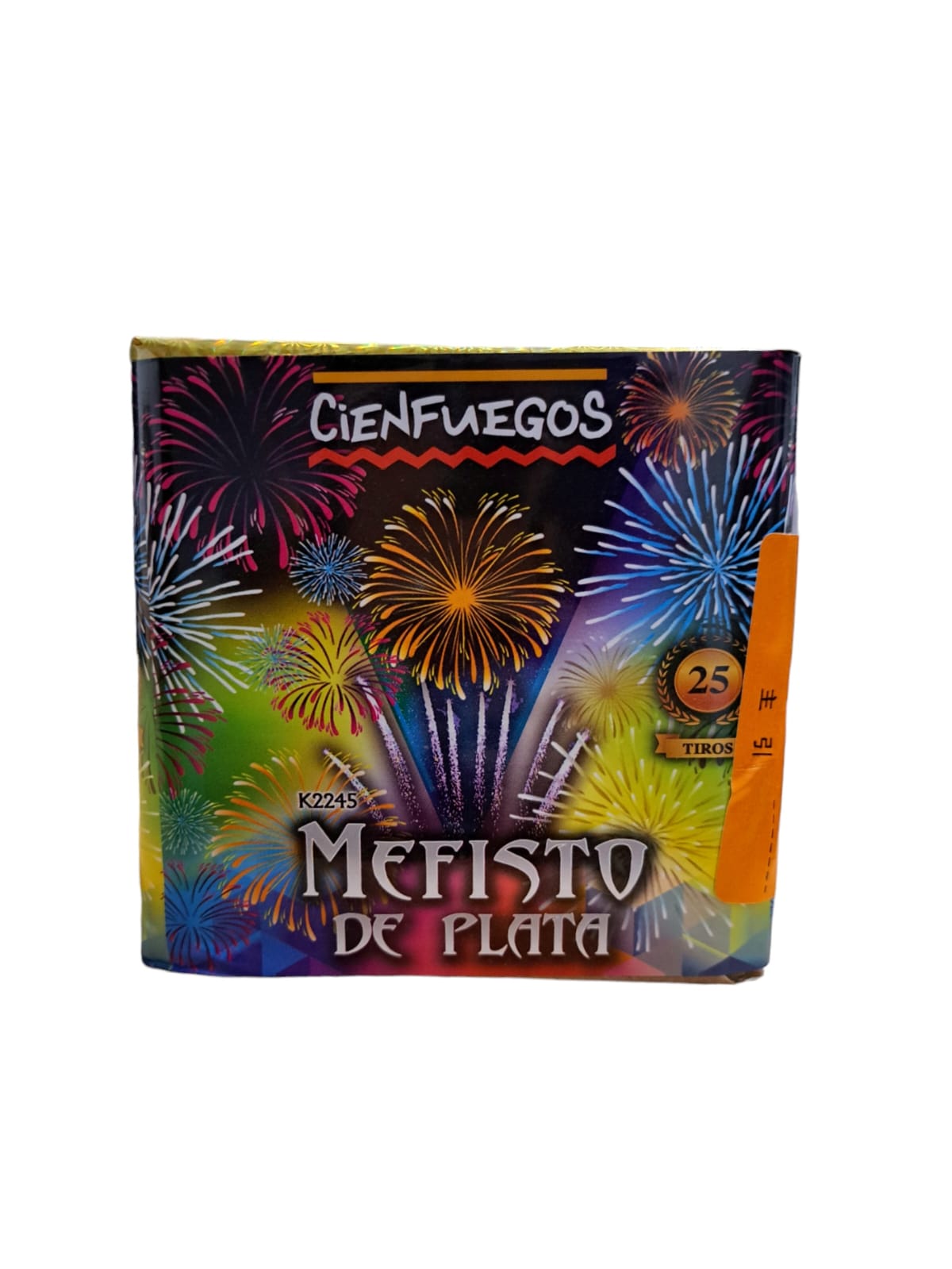 Mefisto – Torta de 25 tiros y cometas plateados punta roja con bombas de colores surtidos