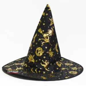 GORRO BRUJITA – Gorro de bruja de tela, negro con dibujos plateados y dorados